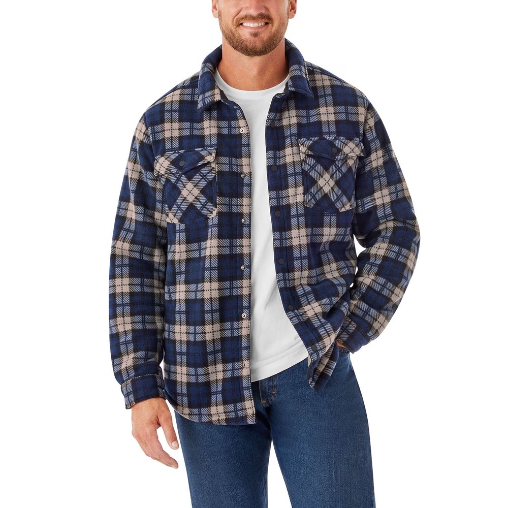 Member's Mark Mens Sherpa Lined Fleece Shacket Blue Plaid XXL